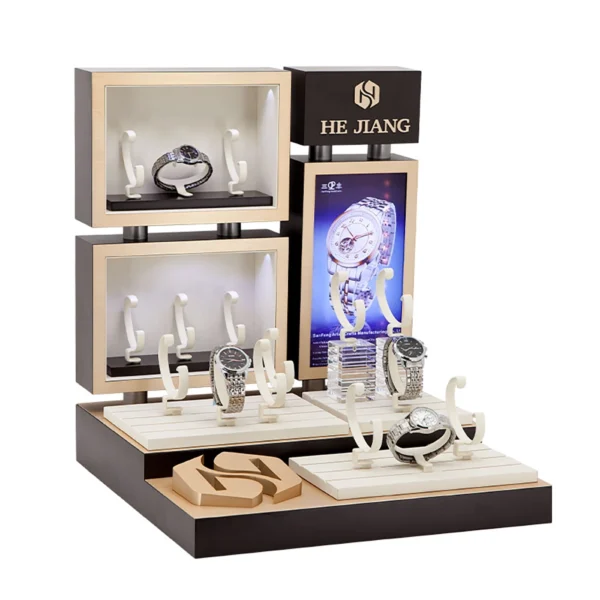 Wooden Mood Window Display with Watch Stand on Backdrop Style 1