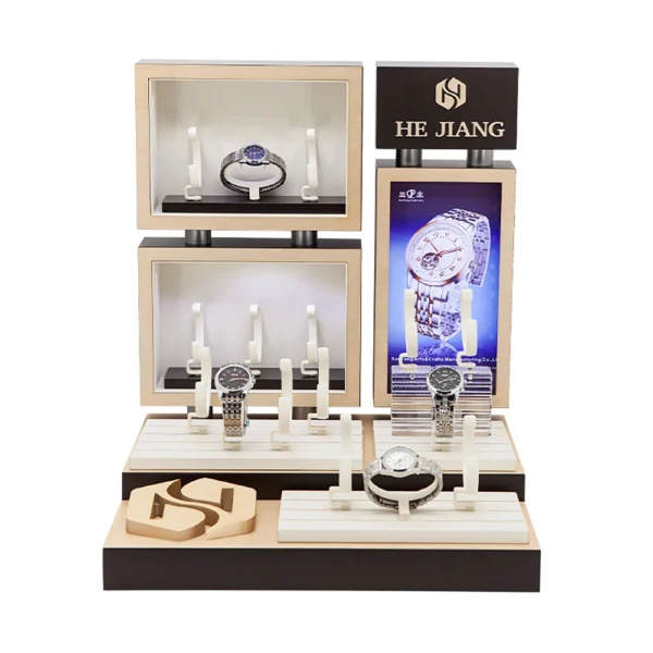 Wooden Mood Window Display with Watch Stand on Backdrop Style 1